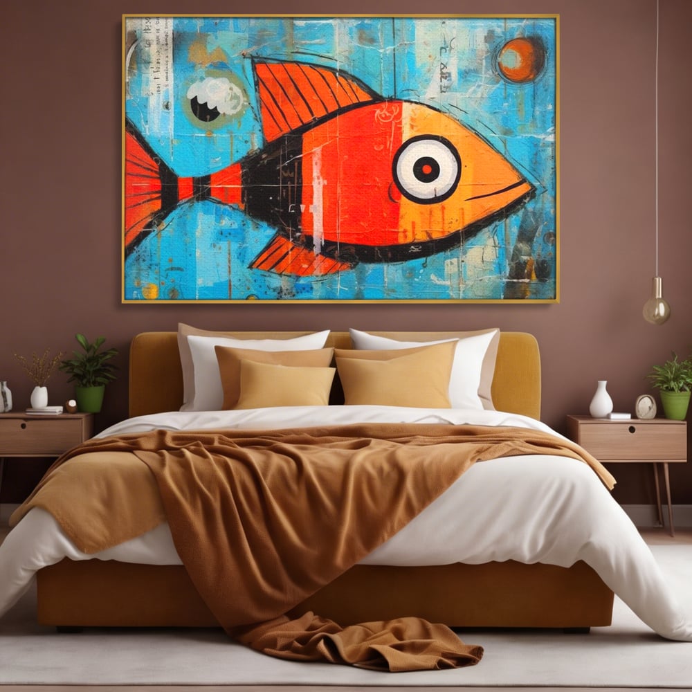 Tablou canvas cu tablou canvas cu peste stilizat in stil pop art, in rama de aluminiu auriu, pe perete intr-un dormitor